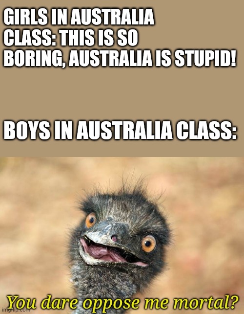 I don't know what Australia class is | GIRLS IN AUSTRALIA CLASS: THIS IS SO BORING, AUSTRALIA IS STUPID! BOYS IN AUSTRALIA CLASS: | image tagged in emu you dare oppose me mortal,emu,australia,boys vs girls,memes | made w/ Imgflip meme maker