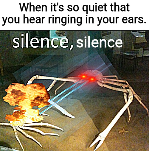 silence, silence | When it's so quiet that you hear ringing in your ears. silence | image tagged in silence crab | made w/ Imgflip meme maker