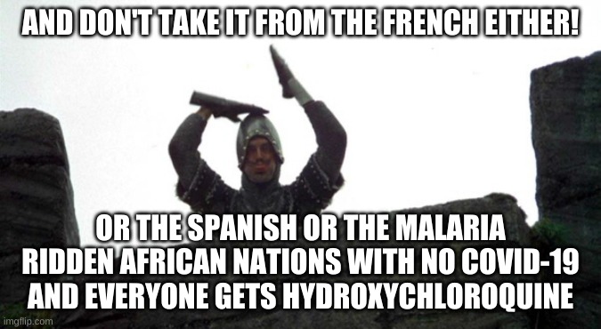 Monty Python French taunt | AND DON'T TAKE IT FROM THE FRENCH EITHER! OR THE SPANISH OR THE MALARIA RIDDEN AFRICAN NATIONS WITH NO COVID-19 AND EVERYONE GETS HYDROXYCHL | image tagged in monty python french taunt | made w/ Imgflip meme maker