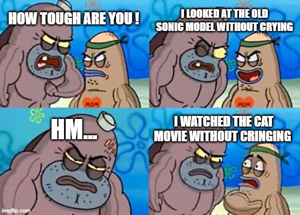 How Tough Are You | I LOOKED AT THE OLD SONIC MODEL WITHOUT CRYING; HOW TOUGH ARE YOU ! HM... I WATCHED THE CAT MOVIE WITHOUT CRINGING | image tagged in memes,how tough are you | made w/ Imgflip meme maker