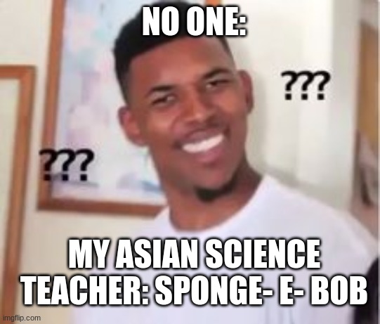My asian science teacher | NO ONE:; MY ASIAN SCIENCE TEACHER: SPONGE- E- BOB | image tagged in true story bro | made w/ Imgflip meme maker