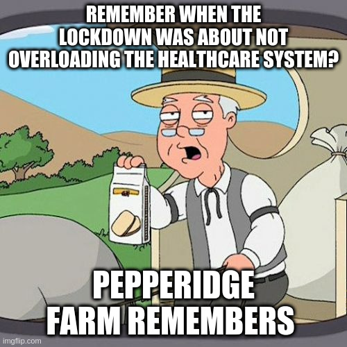 Pepperidge Farm Remembers Meme | REMEMBER WHEN THE LOCKDOWN WAS ABOUT NOT OVERLOADING THE HEALTHCARE SYSTEM? PEPPERIDGE FARM REMEMBERS | image tagged in memes,pepperidge farm remembers,AdviceAnimals | made w/ Imgflip meme maker