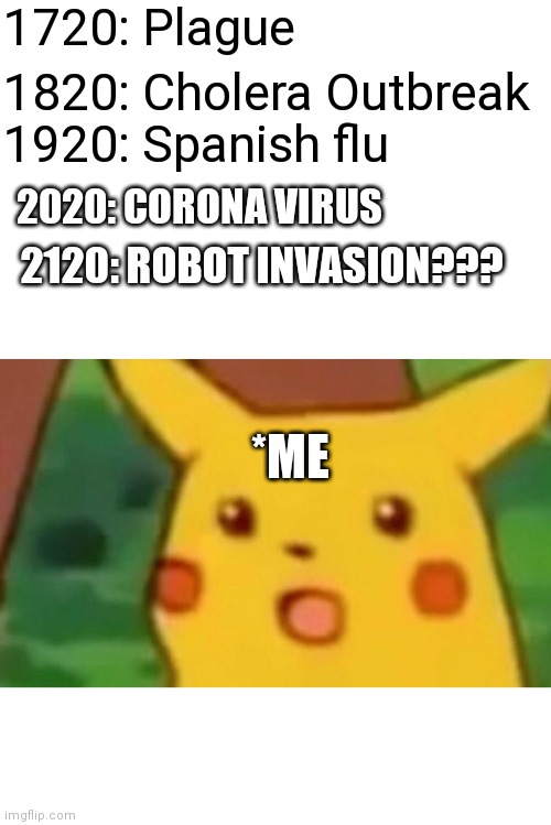 Surprised Pikachu | 1720: Plague; 1820: Cholera Outbreak; 1920: Spanish flu; 2020: CORONA VIRUS; 2120: ROBOT INVASION??? *ME | image tagged in memes,surprised pikachu | made w/ Imgflip meme maker