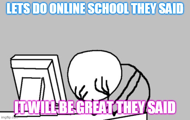 Computer Guy Facepalm | LETS DO ONLINE SCHOOL THEY SAID; IT WILL BE GREAT THEY SAID | image tagged in memes,computer guy facepalm | made w/ Imgflip meme maker