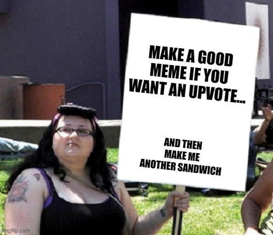 Protesting Feminist | MAKE A GOOD MEME IF YOU WANT AN UPVOTE... AND THEN MAKE ME ANOTHER SANDWICH | image tagged in protesting feminist | made w/ Imgflip meme maker