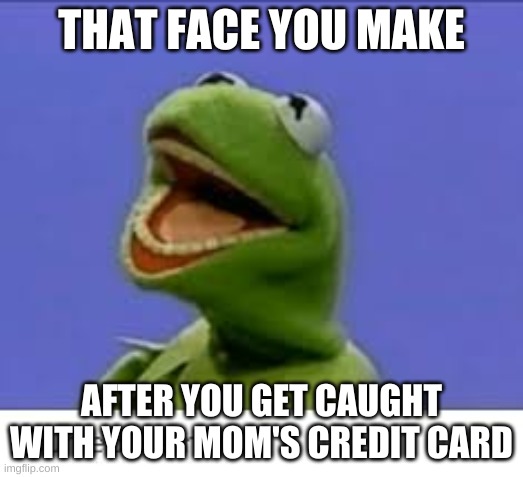 cursed kermit | THAT FACE YOU MAKE; AFTER YOU GET CAUGHT WITH YOUR MOM'S CREDIT CARD | image tagged in cursed kermit | made w/ Imgflip meme maker