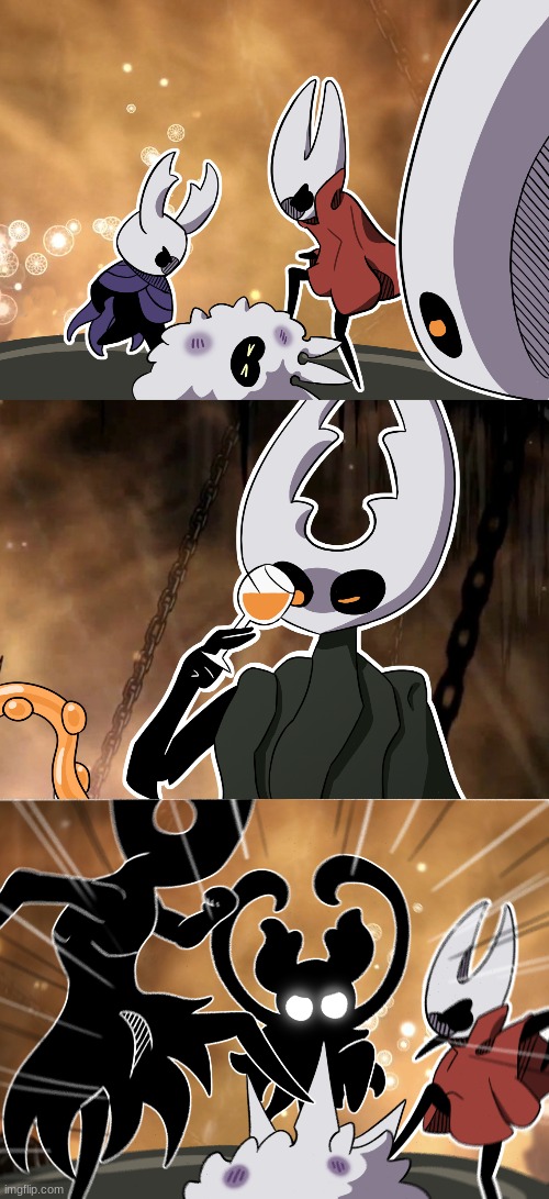 Knight and his friends beating up radiance. (Poor radiance, atleast give him mercy) | image tagged in hollow knight,jojo reference | made w/ Imgflip meme maker