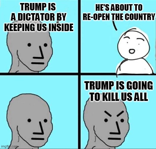 NPC Meme | TRUMP IS  A DICTATOR BY KEEPING US INSIDE HE'S ABOUT TO RE-OPEN THE COUNTRY TRUMP IS GOING TO KILL US ALL | image tagged in npc meme | made w/ Imgflip meme maker