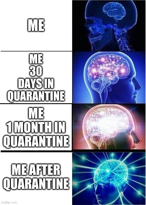 Expanding Brain | ME; ME
30
DAYS IN
QUARANTINE; ME
1 MONTH IN
QUARANTINE; ME AFTER
QUARANTINE | image tagged in memes,expanding brain | made w/ Imgflip meme maker