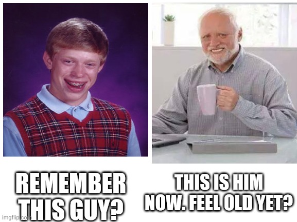 REMEMBER THIS GUY? THIS IS HIM NOW. FEEL OLD YET? | image tagged in hide the pain harold,bad luck brian | made w/ Imgflip meme maker