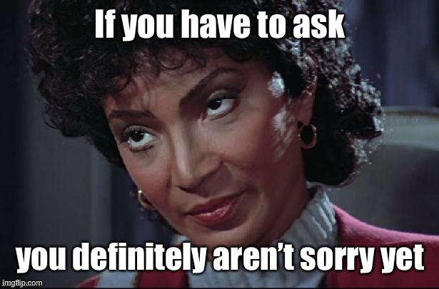 Uhura not amused | If you have to ask you definitely aren’t sorry yet | image tagged in uhura not amused | made w/ Imgflip meme maker