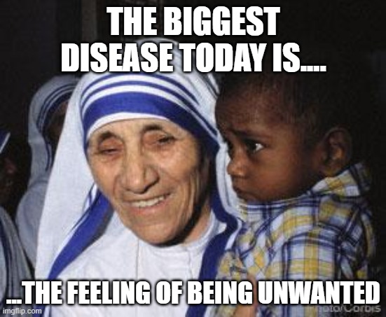 Mother Teresa | THE BIGGEST DISEASE TODAY IS.... ...THE FEELING OF BEING UNWANTED | image tagged in mother teresa | made w/ Imgflip meme maker