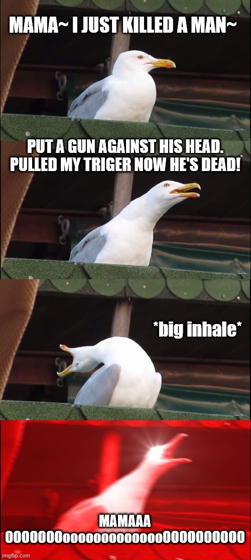 bohemian rhaphsody | MAMA~ I JUST KILLED A MAN~; PUT A GUN AGAINST HIS HEAD. PULLED MY TRIGER NOW HE'S DEAD! *big inhale*; MAMAAA OOOOOOOoooooooooooooOOOOOOOOOO | image tagged in memes,inhaling seagull | made w/ Imgflip meme maker