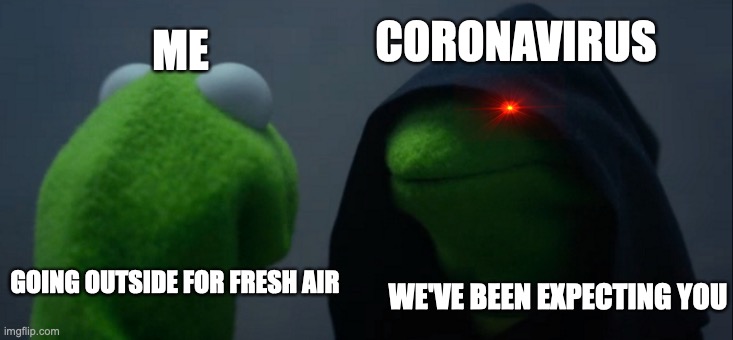 How Coronavirus works | ME; CORONAVIRUS; WE'VE BEEN EXPECTING YOU; GOING OUTSIDE FOR FRESH AIR | image tagged in memes,evil kermit | made w/ Imgflip meme maker