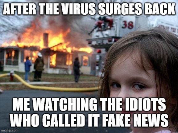 virus not real | AFTER THE VIRUS SURGES BACK; ME WATCHING THE IDIOTS WHO CALLED IT FAKE NEWS | image tagged in memes,disaster girl | made w/ Imgflip meme maker