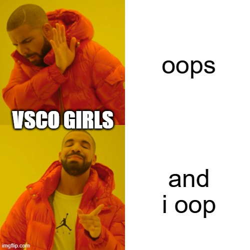 Drake Hotline Bling Meme | oops; VSCO GIRLS; and i oop | image tagged in memes,drake hotline bling | made w/ Imgflip meme maker