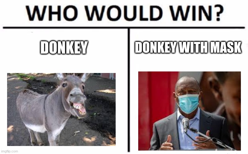 Corona | DONKEY; DONKEY WITH MASK | image tagged in memes,who would win,mayor turner,donkey | made w/ Imgflip meme maker