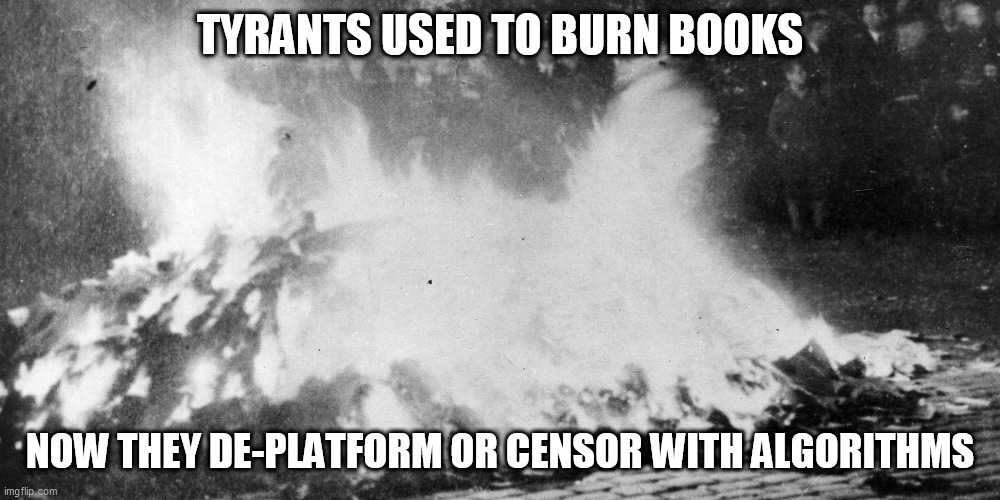 book burning today | TYRANTS USED TO BURN BOOKS; NOW THEY DE-PLATFORM OR CENSOR WITH ALGORITHMS | image tagged in burn books | made w/ Imgflip meme maker