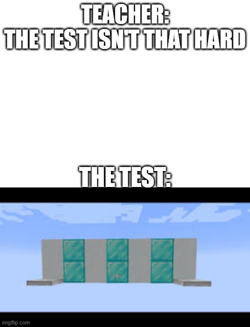 The test | TEACHER:
THE TEST ISN'T THAT HARD; THE TEST: | image tagged in blank white template,minecraft | made w/ Imgflip meme maker