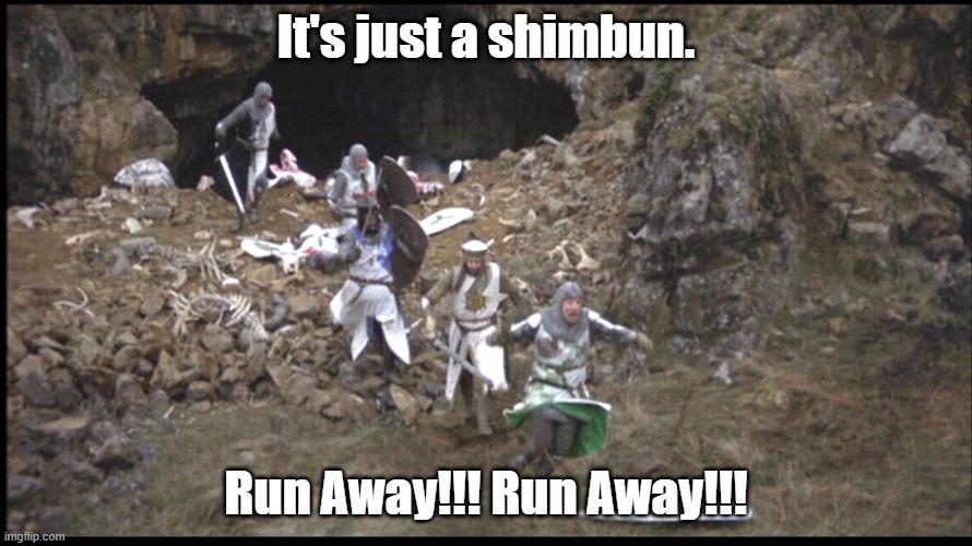 Run Away Monty Python | It's just a shimbun. Run Away!!! Run Away!!! | image tagged in run away monty python | made w/ Imgflip meme maker