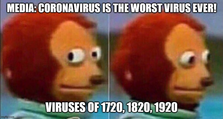 Coronavirus meme | MEDIA: CORONAVIRUS IS THE WORST VIRUS EVER! VIRUSES OF 1720, 1820, 1920 | image tagged in monkey looking away | made w/ Imgflip meme maker