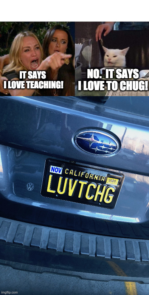The love of teaching! | NO.  IT SAYS I LOVE TO CHUG! IT SAYS 
I LOVE TEACHING! | image tagged in memes,woman yelling at cat | made w/ Imgflip meme maker