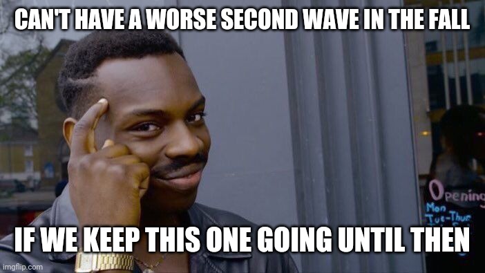 What second wave? | CAN'T HAVE A WORSE SECOND WAVE IN THE FALL; IF WE KEEP THIS ONE GOING UNTIL THEN | image tagged in memes,roll safe think about it,coronavirus,reopen,risk,infection | made w/ Imgflip meme maker
