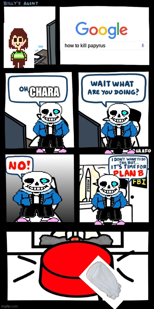 oh, chara | how to kill papyrus; CHARA | image tagged in billys fbi agent plan b | made w/ Imgflip meme maker
