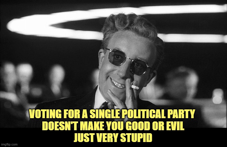 Doctor Strangelove says... | VOTING FOR A SINGLE POLITICAL PARTY 
DOESN'T MAKE YOU GOOD OR EVIL
JUST VERY STUPID | image tagged in doctor strangelove says,republicans,democrats,green party,independent | made w/ Imgflip meme maker