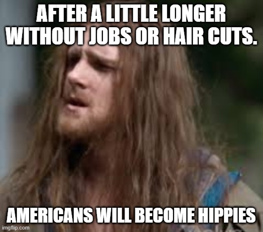 American hippies | AFTER A LITTLE LONGER WITHOUT JOBS OR HAIR CUTS. AMERICANS WILL BECOME HIPPIES | image tagged in memes | made w/ Imgflip meme maker