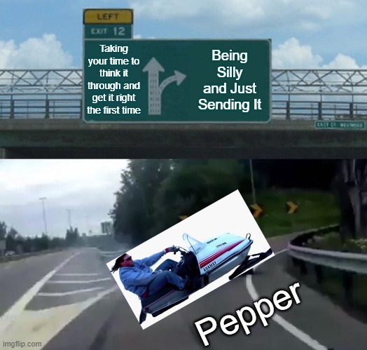 Every Sales Rep Ever | Taking your time to think it through and get it right the first time; Being Silly and Just Sending It; Pepper | image tagged in memes,left exit 12 off ramp | made w/ Imgflip meme maker