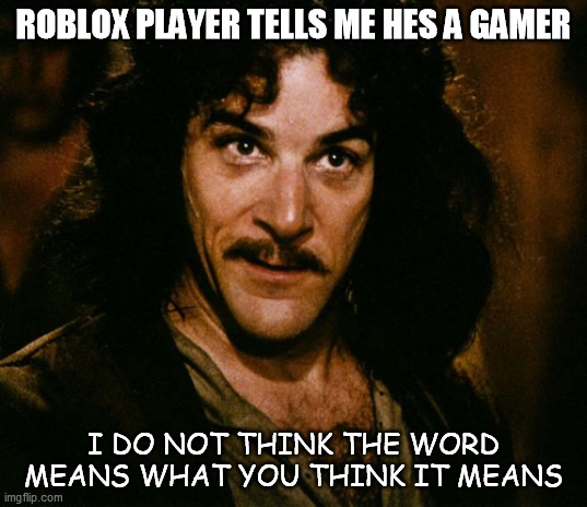 I do not think that word mean what you think it means | ROBLOX PLAYER TELLS ME HES A GAMER; I DO NOT THINK THE WORD MEANS WHAT YOU THINK IT MEANS | image tagged in i do not think that word mean what you think it means | made w/ Imgflip meme maker