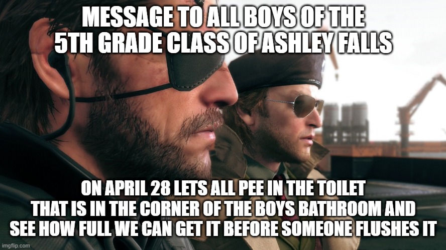 please jason dont flush it again | MESSAGE TO ALL BOYS OF THE 5TH GRADE CLASS OF ASHLEY FALLS; ON APRIL 28 LETS ALL PEE IN THE TOILET THAT IS IN THE CORNER OF THE BOYS BATHROOM AND SEE HOW FULL WE CAN GET IT BEFORE SOMEONE FLUSHES IT | image tagged in metal gear solid,pee,free speech | made w/ Imgflip meme maker