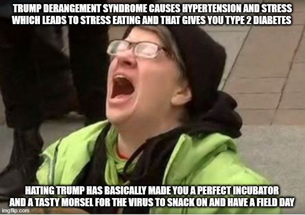 Repent Before It's Too Late | TRUMP DERANGEMENT SYNDROME CAUSES HYPERTENSION AND STRESS WHICH LEADS TO STRESS EATING AND THAT GIVES YOU TYPE 2 DIABETES; HATING TRUMP HAS BASICALLY MADE YOU A PERFECT INCUBATOR AND A TASTY MORSEL FOR THE VIRUS TO SNACK ON AND HAVE A FIELD DAY | image tagged in tds | made w/ Imgflip meme maker
