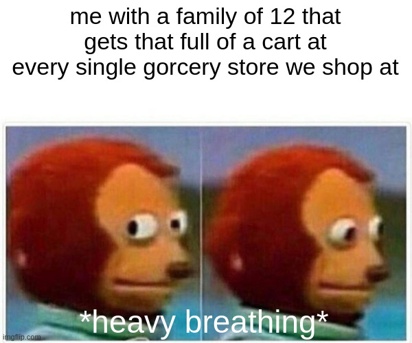 Monkey Puppet Meme | me with a family of 12 that gets that full of a cart at every single gorcery store we shop at *heavy breathing* | image tagged in memes,monkey puppet | made w/ Imgflip meme maker