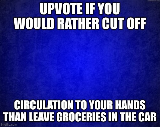 Gradient blue background | UPVOTE IF YOU WOULD RATHER CUT OFF; CIRCULATION TO YOUR HANDS THAN LEAVE GROCERIES IN THE CAR | image tagged in gradient blue background | made w/ Imgflip meme maker