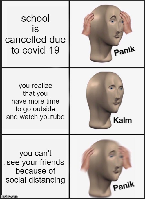 Panik Kalm Panik | school is cancelled due to covid-19; you realize that you have more time to go outside and watch youtube; you can't see your friends because of social distancing | image tagged in memes,panik kalm panik | made w/ Imgflip meme maker
