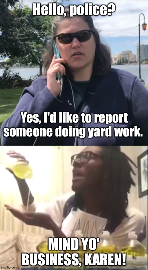 Hello, police? Yes, I'd like to report someone doing yard work. MIND YO' BUSINESS, KAREN! | made w/ Imgflip meme maker