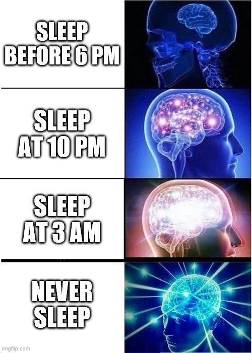 Expanding Brain Meme | SLEEP BEFORE 6 PM; SLEEP AT 10 PM; SLEEP AT 3 AM; NEVER SLEEP | image tagged in memes,expanding brain | made w/ Imgflip meme maker