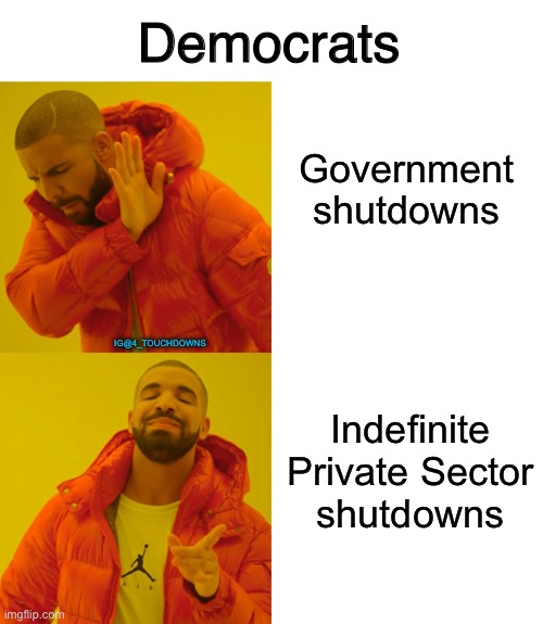 Democrats be like... | Democrats; Government shutdowns; IG@4_TOUCHDOWNS; Indefinite Private Sector shutdowns | image tagged in coronavirus,big government,democrats | made w/ Imgflip meme maker