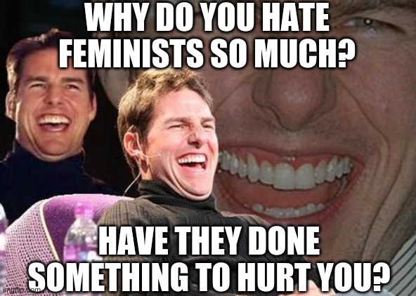 Tom Cruise laugh | WHY DO YOU HATE FEMINISTS SO MUCH? HAVE THEY DONE SOMETHING TO HURT YOU? | image tagged in tom cruise laugh | made w/ Imgflip meme maker