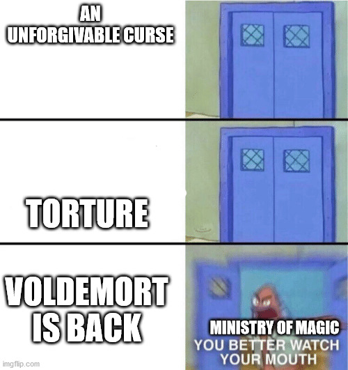 Volde- We do not speak his name! | AN UNFORGIVABLE CURSE; TORTURE; VOLDEMORT IS BACK; MINISTRY OF MAGIC | image tagged in you better watch your mouth | made w/ Imgflip meme maker