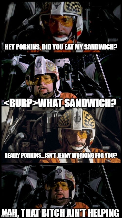 No Diet Huh | HEY PORKINS, DID YOU EAT MY SANDWICH? <BURP>WHAT SANDWICH? REALLY PORKINS...ISN'T JENNY WORKING FOR YOU? NAH, THAT BITCH AIN'T HELPING | image tagged in star wars porkins | made w/ Imgflip meme maker