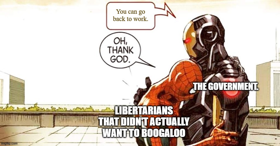 We have money blank | You can go back to work. THE GOVERNMENT. LIBERTARIANS THAT DIDN'T ACTUALLY WANT TO BOOGALOO | image tagged in we have money blank | made w/ Imgflip meme maker