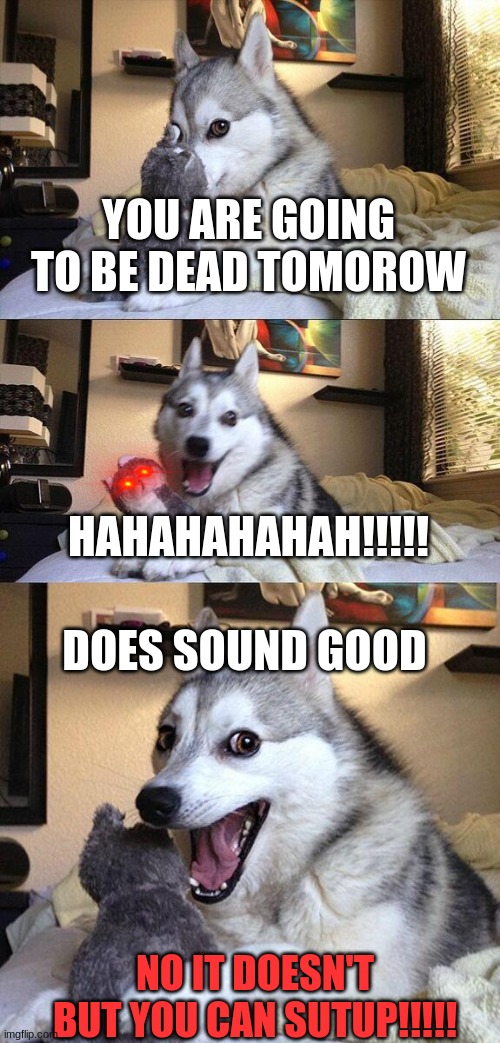 Bad Pun Dog Meme | YOU ARE GOING TO BE DEAD TOMOROW; HAHAHAHAHAH!!!!! DOES SOUND GOOD; NO IT DOESN'T BUT YOU CAN SUTUP!!!!! | image tagged in memes,bad pun dog | made w/ Imgflip meme maker