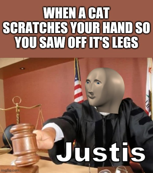 Justice! | WHEN A CAT SCRATCHES YOUR HAND SO YOU SAW OFF IT'S LEGS | image tagged in meme man justis,justice,cat,saw,memes | made w/ Imgflip meme maker