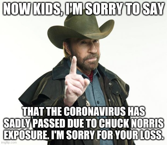 I'm Sorry Everybody, But It's True. | NOW KIDS, I'M SORRY TO SAY; THAT THE CORONAVIRUS HAS SADLY PASSED DUE TO CHUCK NORRIS EXPOSURE. I'M SORRY FOR YOUR LOSS. | image tagged in memes,chuck norris finger,chuck norris,chuck norris coronavirus,coronavirus | made w/ Imgflip meme maker