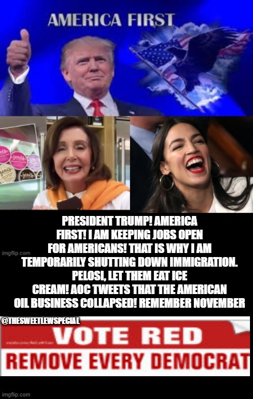 Trump America First! Democrats Laugh at Americans! | PRESIDENT TRUMP! AMERICA FIRST! I AM KEEPING JOBS OPEN FOR AMERICANS! THAT IS WHY I AM TEMPORARILY SHUTTING DOWN IMMIGRATION. PELOSI, LET THEM EAT ICE CREAM! AOC TWEETS THAT THE AMERICAN OIL BUSINESS COLLAPSED! REMEMBER NOVEMBER; @THESWEETLEWSPECIAL | image tagged in stupid liberals,nancy pelosi,crazy aoc,democrats,trump | made w/ Imgflip meme maker