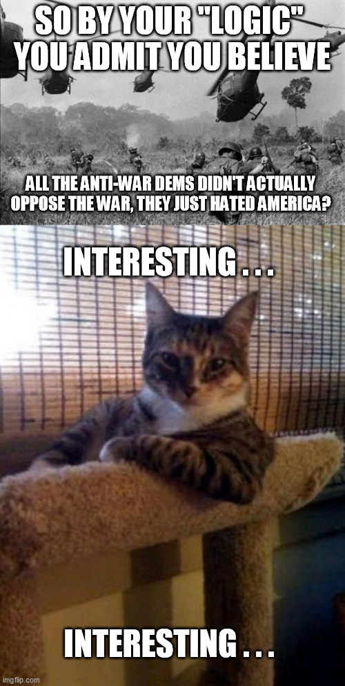 SO BY YOUR "LOGIC" 
YOU ADMIT YOU BELIEVE INTERESTING . . . ALL THE ANTI-WAR DEMS DIDN'T ACTUALLY OPPOSE THE WAR, THEY JUST HATED AMERICA? I | image tagged in memes,the most interesting cat in the world,vietnam | made w/ Imgflip meme maker