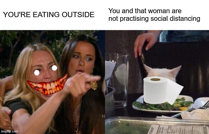 Don't eat outside in groups of 2, kids. | YOU'RE EATING OUTSIDE; You and that woman are not practising social distancing | image tagged in memes,woman yelling at cat | made w/ Imgflip meme maker